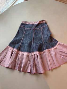 Cache Two-Tone Denim & Pink Lace Midi Skirt